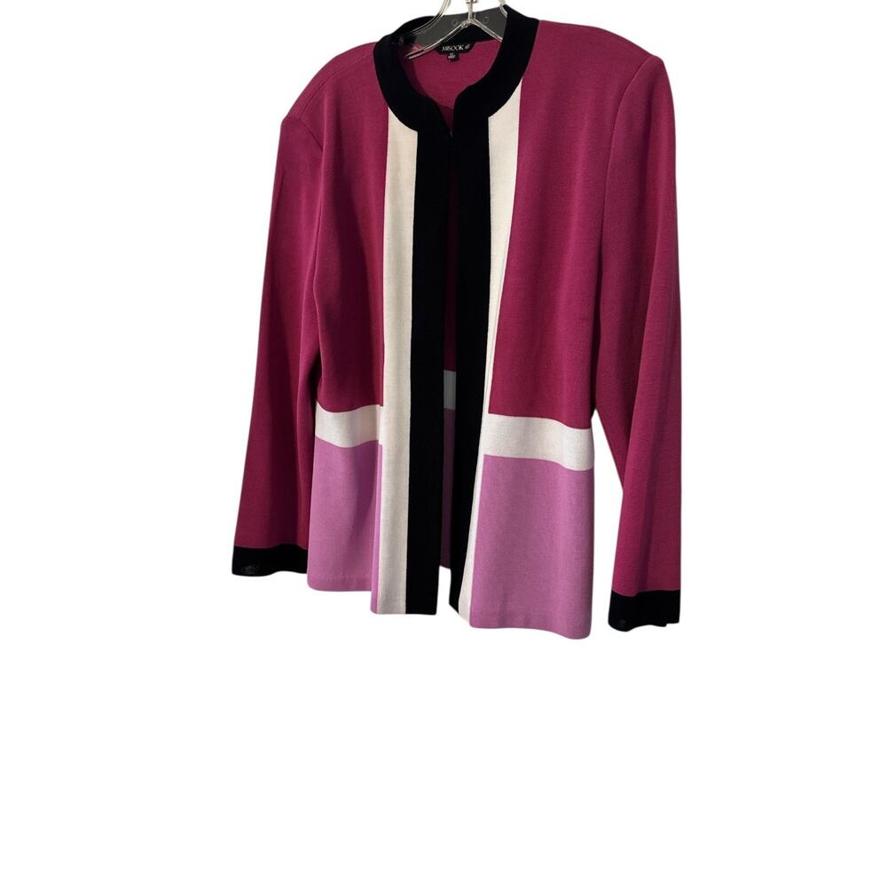 Misook Colorblock Open Cardigan in Magenta, Light Pink, Black & White